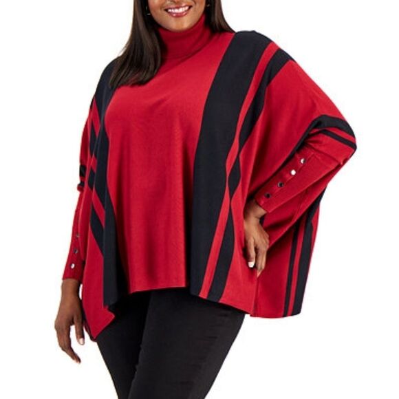 NWT Alfani Red Black Tneck Poncho - Picture 1 of 8